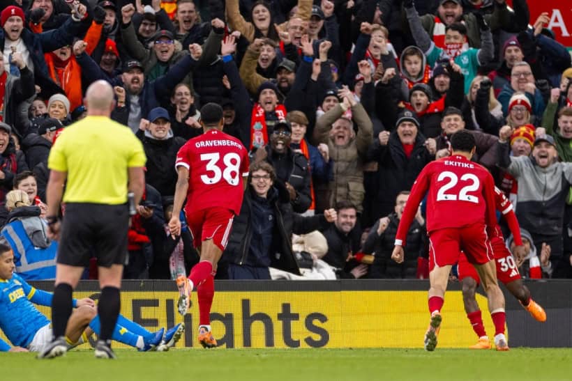 LIVERPOOL, ENGLAND - Saturday, December 27, 2025: Liverpool's Ryan Gravenberch celebrates after scoring the first goal during the FA Premier League match between Liverpool FC and Wolverhampton Wanderers FC at Anfield. (Photo by David Rawcliffe/Propaganda)