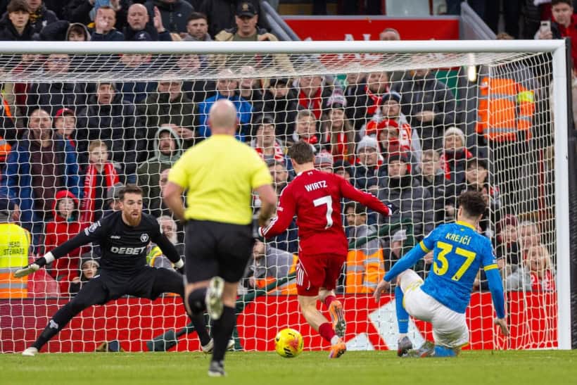 LIVERPOOL, ENGLAND - Saturday, December 27, 2025: Liverpool's Florian Wirtz scores the second goal during the FA Premier League match between Liverpool FC and Wolverhampton Wanderers FC at Anfield. (Photo by David Rawcliffe/Propaganda)