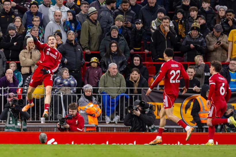 LIVERPOOL, ENGLAND - Saturday, December 27, 2025: Liverpool's Florian Wirtz celebrates after scoring the second goal during the FA Premier League match between Liverpool FC and Wolverhampton Wanderers FC at Anfield. (Photo by David Rawcliffe/Propaganda)