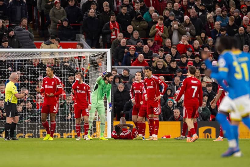 LIVERPOOL, ENGLAND - Saturday, December 27, 2025: Liverpool's Ibrahima Konat&eacute; lies injured during the FA Premier League match between Liverpool FC and Wolverhampton Wanderers FC at Anfield. (Photo by David Rawcliffe/Propaganda)