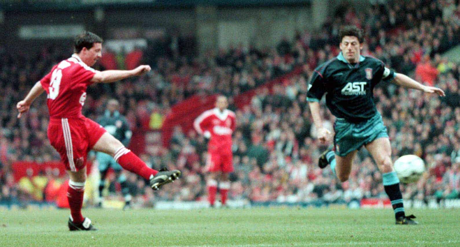 Liverpool V Aston Villa : Robbie Fowler fires home Liverpools second goal and his first during their FA Carling Premiership match against Aston Villa at Anfield. 03-Mar-1996 ( David Kendall/PA Archive/PA Images)