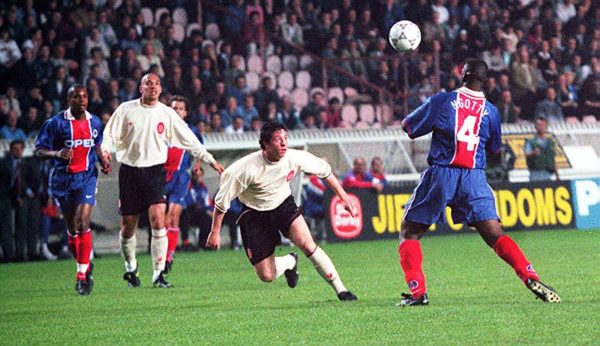 Paris St Germain V Liverpool. The Collymore/Fowler strike force is thwarted by PSG's Bruno Ngotty in tonight's (Thursday) European Cup Winners' Cup semi-final 1st leg match in Paris. Pic Dave Kendall./PA