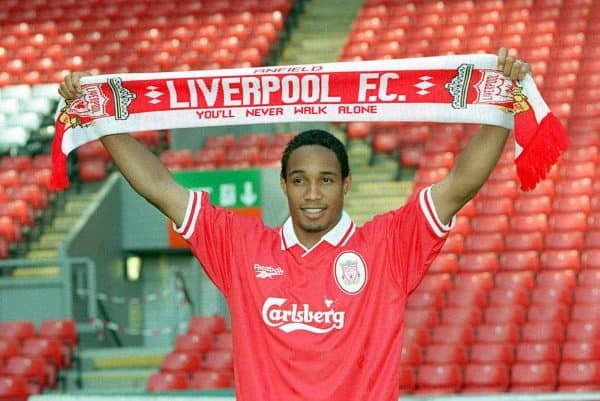 Paul Ince, poses for the media in his new colours, at Anfield today (Tuesday), after completing a 4.2 million switch to Liverpool. Ince, 29, warned he will make his former club Manchester United pay the ultimate price for their lack of interest in resigning him. Photo by Dave Kendall/PA.Watch for PA Story