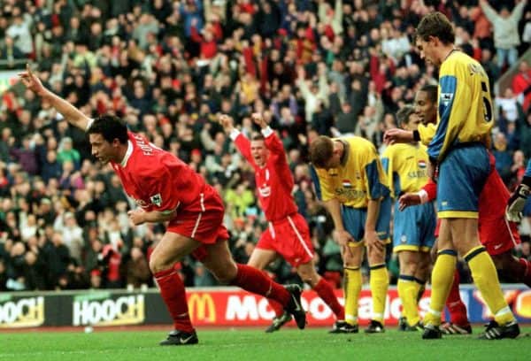 Liverpool's Robbie Fowler celebrates after scoring a goal for Liverpool during their FA Carling Premiership clash against Southampton at Anfield. Liverpool won the match 7-1. 16-Jan-1999 (David Kendall/PA Archive/PA Images)