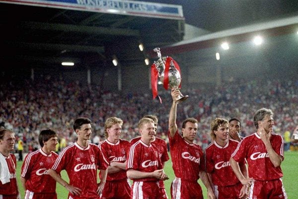 Liverpool celebrate winning the first division title. 1990.