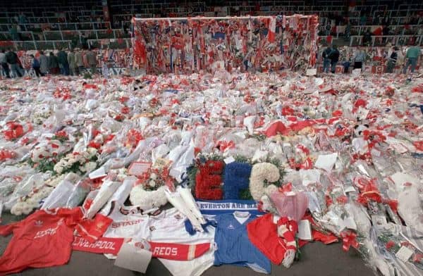 April 17, 1989, floral tributes in front of the Kop - Hillsborough disaster (Picture by: Peter Kemp / AP/Press Association Images)