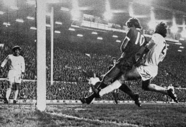 John Toshack (c) sees his shot cleared off the line. Liverpool vs. Red Star Belgrade, Anfield, 1973 ( PA/PA Archive/PA Images)