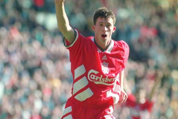 Liverpool striker Robbie Fowler celebrates after scoring his second goal against Arsenal. 1994 ( CROFT MALCOLM CROFT/PA Archive/PA Images)