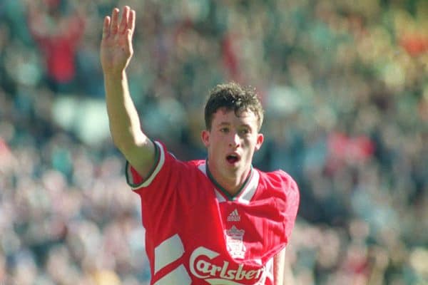 Liverpool striker Robbie Fowler celebrates after scoring his second goal against Arsenal. 1994 ( CROFT MALCOLM CROFT/PA Archive/PA Images)
