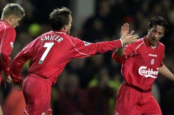 Liverpool's Robbie Fowler (right) congratulates team mate Vladimir Smicer on scoring the opening goal against Crystal Palace, during their Worthington Cup Semi-Final Second Leg football match at Anfield, in Liverpool.