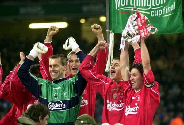 Robbie Fowler holds up the Worthington Cup after his side beat Birmingham City following a penalty shoot-out in the Final, at the Millennium Stadium, in Cardiff. 25-Feb-2001 (Picture by David Jones PA Archive/PA Images)