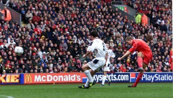 Steven Gerrard scores Liverpool's opening goal during the FA Carling Premiership game against Manchester United at Anfield, Liverpool. March 2001 (David Davies/PA Archive/PA Images)