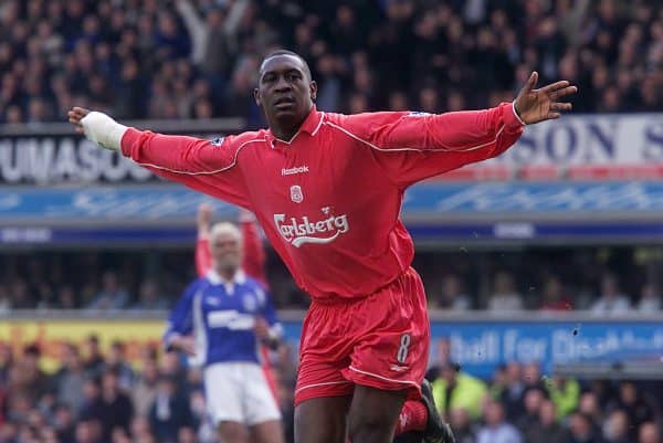 Emile Heskey celebrates scoring Liverpool's first goal against Everton during the Premiership clash at Goodison Park. 2001 ( David Davies/PA Archive/PA Images)