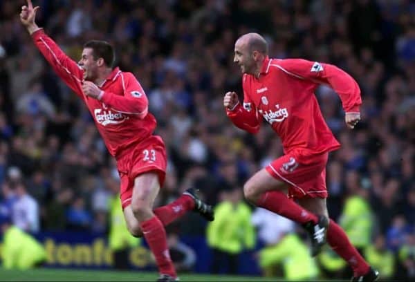 Gary McAllister (right) celebrates scoring Liverpool's winning goal with Jamie Carragher during the Premiership clash at Goodison Park against Everton. 2001. ( Martin Rickett/PA Archive/PA Images)