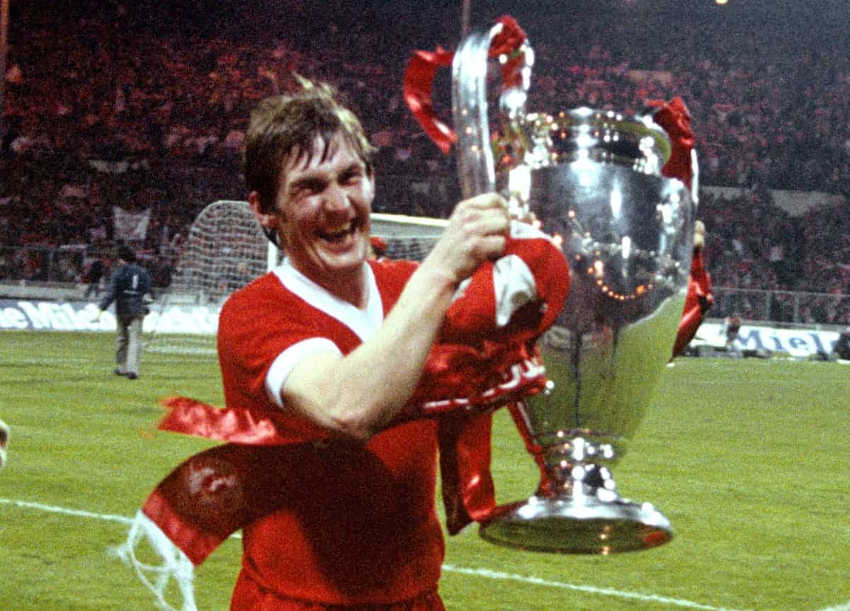 Kenny Dalglish celebrates with the European Cup. 1978, Club Brugge, Wembley. (Image: Peter Robinson/EMPICS Sport)