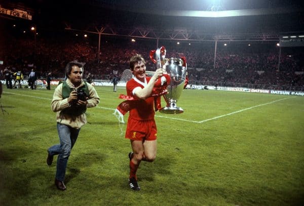 Kenny Dalglish celebrates with the European Cup. 1978, Club Brugge, Wembley.