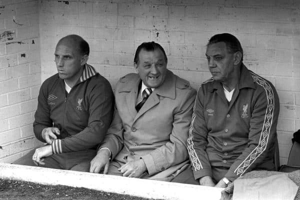 Manager Bob Paisley (centre), who took over from Bill Shankly in 1974, is flanked by trainer Ronnie Moran (l) and assistant manager Joe Fagan. (Picture by PA PA Archive/PA Images)