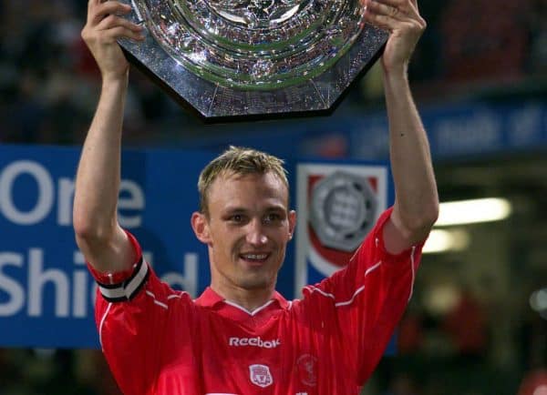 Liverpool captain Sami Hyypia holds up the Charity Shield, after beating Manchester United in the One2One FA Charity Shield Final at the  Millennium Stadium in Cardiff. 4/3/02: The Charity Shield, which will be the subject of findings published from an inquiry surrounding allegations that the 2000 Charity Shield football match broke fund-raising regulations. The inquiry, conducted by The Charity Commission centres on the Football Association's (FA) running of the curtain-raiser to the football season, and considered claims that charities were not benefiting as they should from the hundreds of thousands of pounds raised.  cslmu