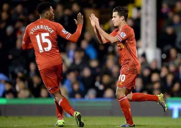 Liverpool's Philippe Coutinho (right) celebrates with team-mate Daniel Sturridge (left) after scoring his team's second goal vs. Fulham, 2013. (Picture by Andrew Matthews PA Archive/PA Images)