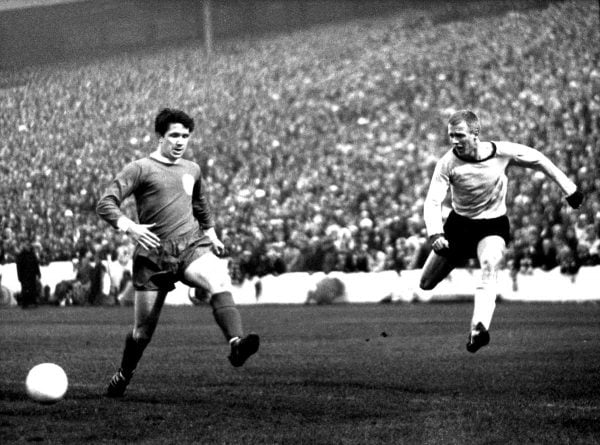 Borussia Dortmund's Siggi Held (right) gets in a cross despite the attention of Liverpool's Chris Lawler, 1966 final ( Witters/Witters/Press Association Images)