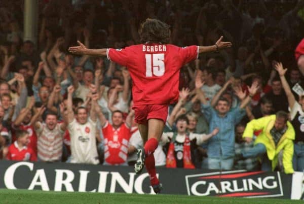 Patrik Berger races over to the Liverpool fans after scoring his second goal