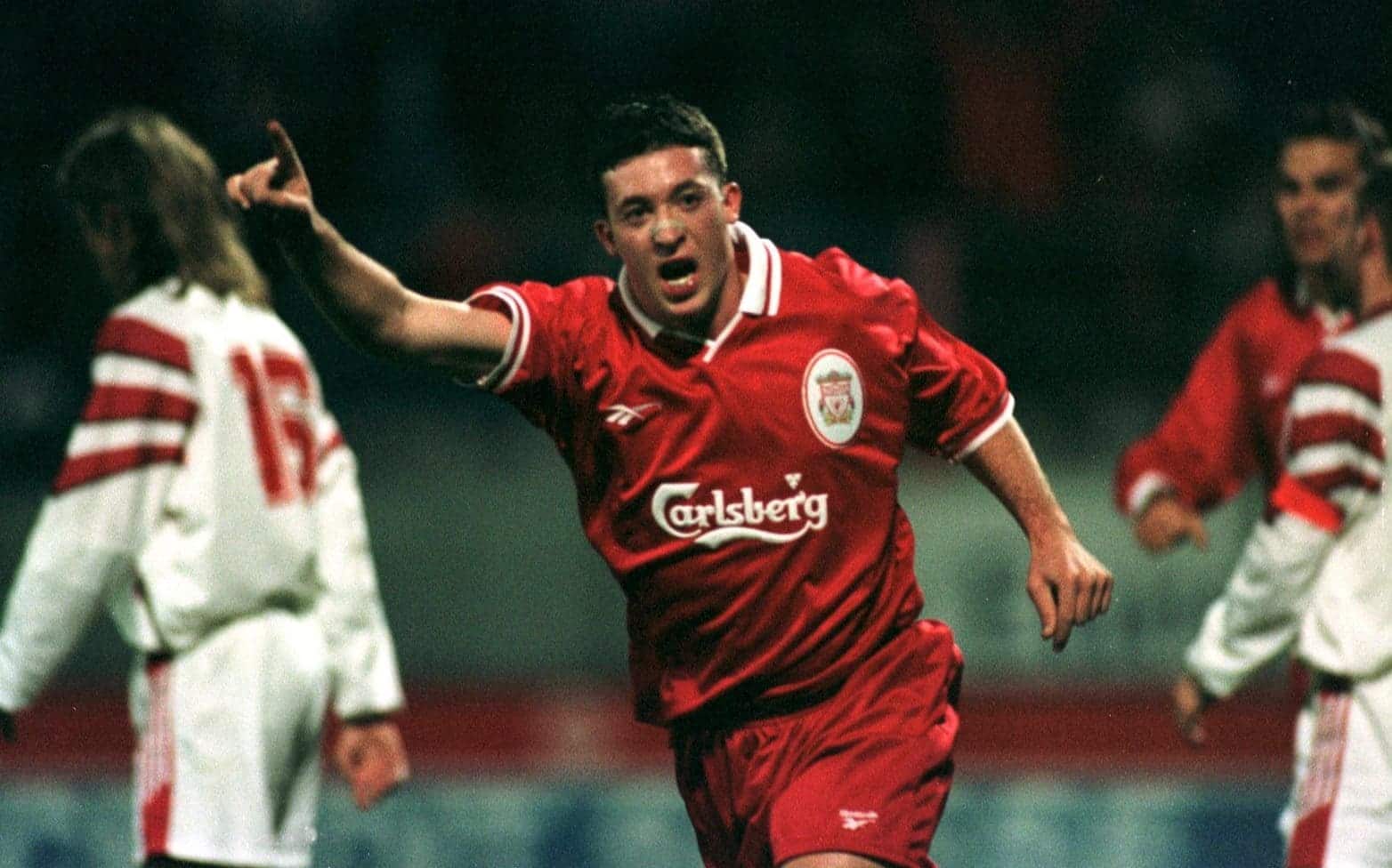 Liverpool's Robbie Fowler celebrates the equalising goal, FC Sion, 1996 (Dave Rawcliffe / EMPICS)