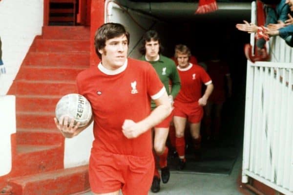 Emlyn Hughes, captain of Liverpool FC leads his side out at Anfield.