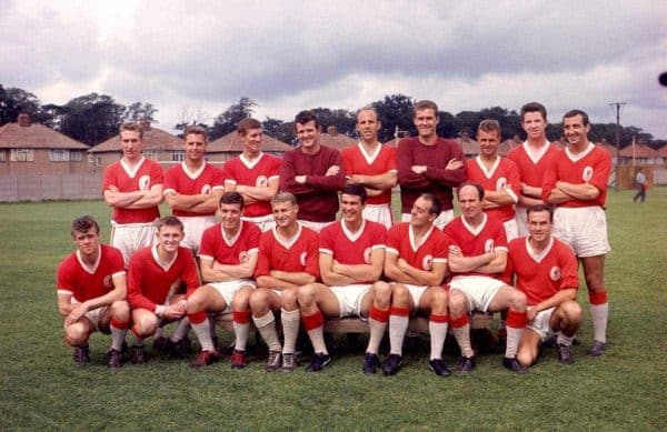 Liverpool FC squad photo season 1962/63 - 1960s: (back row, l-r) Phil Ferns, Gordon Milne, Wilf Stevenson, Tommy Lawrence, Ronnie Moran, Jim Furnell, Alan A'Court, Chris Lawler, Gerry Byrne; (front row, l-r) Alf Arrowsmith, Gordon Wallace, Ian Callaghan, Roger Hunt, Ron Yeats, Ian St John, Jimmy Melia, ?