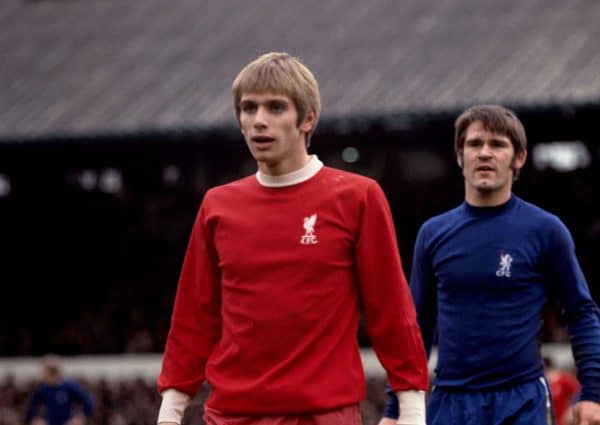 (L-R) Liverpool's Alun Evans is marked by Chelsea's Dave Webb