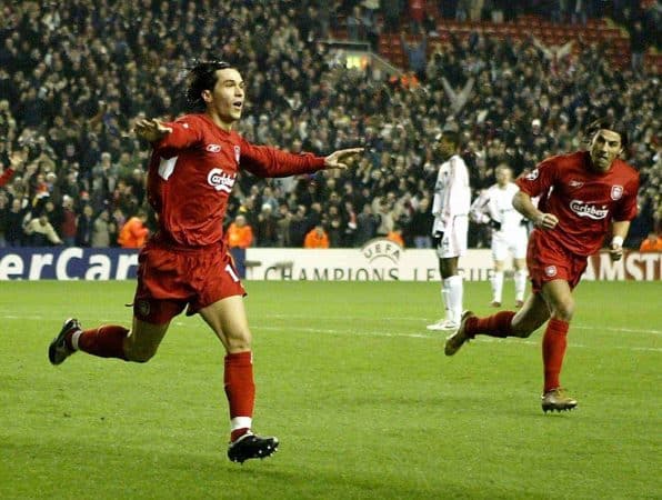 Liverpool's Luis Garcia (right) celebrates scoring against Bayer Leverkusen. (Picture by: Phil Noble / PA Archive/Press Association Images)