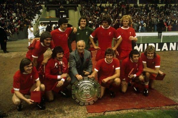 Retiring Liverpool manager Bill Shankly with the victorious team and FA Charity Shield at Wembley after they defeated Leeds United in a penalty kick competition after the match had ended 1-1. 1974 (PA/PA Archive/PA Images)