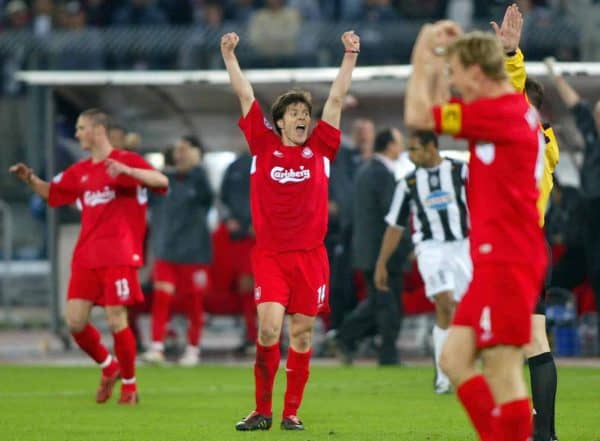 Liverpool's Xabi Alonso (C) celebrates with team-mates at full time. Juventus, 2005 (Martin Rickett/PA Archive/PA Images)