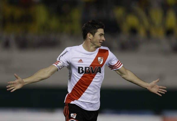 Lucas Alario of Argentina¬ís River Plate celebrates after scoring against Paraguay¬ís Guarani during a Copa Libertadores semifinal soccer game in Asuncion, Paraguay, Tuesday, July 21, 2015. (AP Photo/Jorge Saenz)