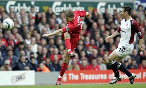 Liverpool's Steven Gerrard fires home his sides equaliser vs Middlesbrough, 2005, Anfield (PA Images)