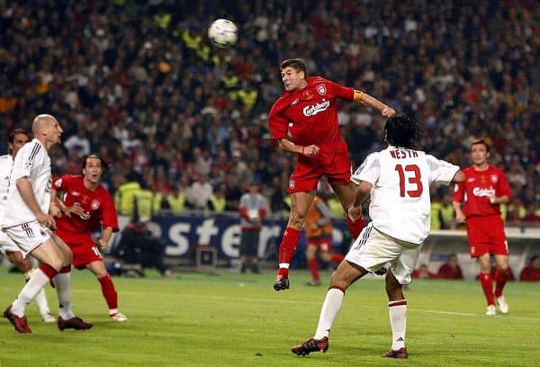 Liverpool's Steven Gerrard scores Liverpool's first goal, Istanbul, 2005 Final (Rebecca Naden/PA Archive/PA Images)