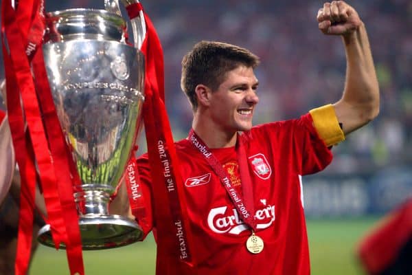 Liverpool's Steven Gerrard celebrates victory with The UEFA Champions League Trophy, Istanbul 2005 (PA Images)