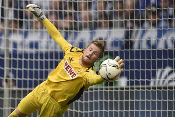 Cologne's goalkeeper Timo Horn catches a free kick during the German Bundesliga soccer match between FC Schalke 04 and 1.FC Cologne in Gelsenkirchen, Germany, Sunday, Oct. 4, 2015. (AP Photo/Martin Meissner)