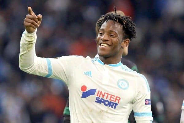 Marseille's Belgian forward Michy Batshuayi, reacts after scoring against Groningen, during a group F Europa League soccer match between Marseille and Groningen, at the Velodrome stadium, in Marseille, southern France, Thursday, Nov.26, 2015. (AP Photo/Claude Paris)