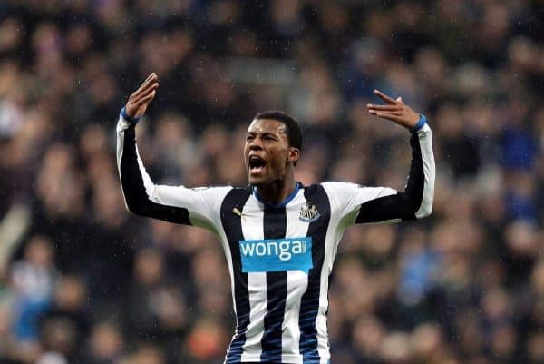 Newcastle United's Georginio Wijnaldum celebrates his goal during the English Premier League soccer match between Newcastle United and Manchester United at St James' Park, Newcastle, England, Tuesday, Jan. 12, 2015. (AP Photo/Scott Heppell)