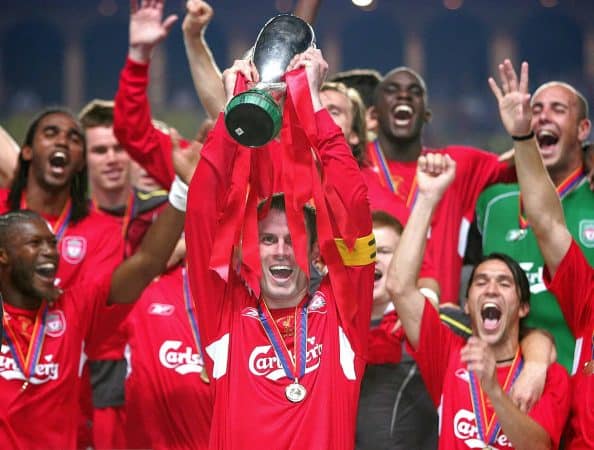 Liverpool captain Jamie Carragher (C) lifts the trophy after winning the UEFA Super Cup against Monaco at the Louis II Stadium in Monaco, Friday August 26, 2005. PRESS ASSOCIATION Photo: Martin Rickett/PA.