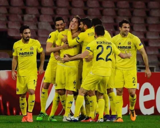 Villarreal's Tomas Pina, third from left, celebrates with teammates after scoring, during the Europa League, round of 32, second-leg soccer match between Napoli and Villareal, at the San Paolo stadium in Naples, Italy, Thursday, Feb. 25, 2016. (AP Photo/Salvatore Laporta)