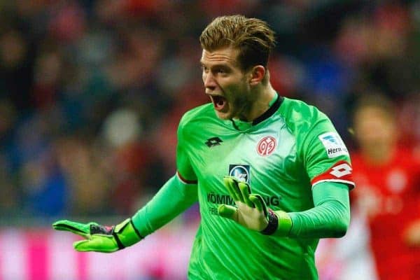 Mainz's goalkeeper Loris Karius gestures during the German Bundesliga soccer match between FC Bayern Munich and FSV Mainz 05 at the Allianz Arena stadium in Munich, Germany, Wednesday, March 2, 2016. (AP Photo/Matthias Schrader)