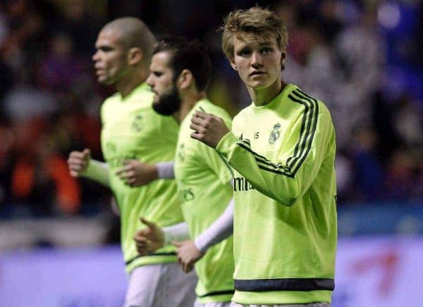 Real Madrid's Martin Odegaard warms up before the Spanish La Liga soccer match between Real Madrid and Levante at the Ciutat de Valencia stadium in Valencia, Spain, Wednesday, March 2, 2016. (AP Photo/Alberto Saiz)