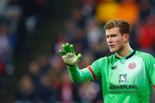 Mainz's goalkeeper Loris Karius gestures during the German Bundesliga soccer match between FC Bayern Munich and FSV Mainz 05 at the Allianz Arena stadium in Munich, Germany, Wednesday, March 2, 2016. (AP Photo/Matthias Schrader)