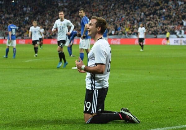 Germany¬ís Mario Goetze celebrates after scoring his side's second goal during a friendly soccer match between Germany and Italy at the Allianz Arena in Munich, southern Germany, Tuesday, March 29, 2016. (AP Photo/Kerstin Joensson)