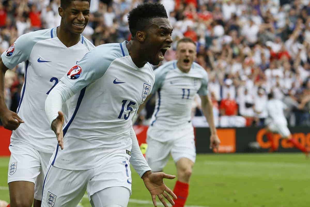 England's Daniel Sturridge, front, celebrates after scoring his side¬ís second goal during the Euro 2016 Group B soccer match between England and Wales at the Bollaert stadium in Lens, France, Thursday, June 16, 2016. Behind are Marcus Rashford, left, and Jamie Vardy. (AP Photo/Kirsty Wigglesworth)
