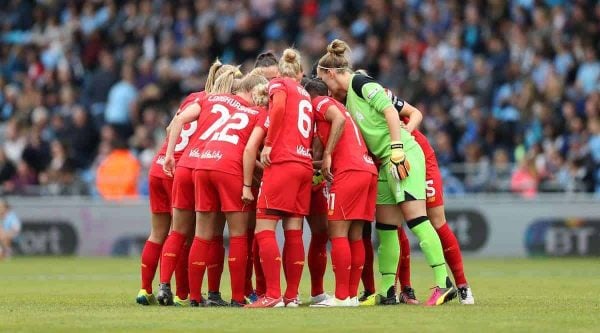 Liverpool Ladies huddle before the WSL match at The Academy Stadium. (Photo: Lynne Cameron/Sportimage via PA Images)