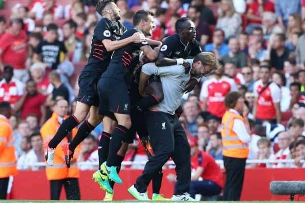 Liverpool's Sadio Mane celebrates scoring his sides fourth goal with Jurgen Klopp during the Premier League match at the Emirates Stadium, London. Picture date August 14th, 2016 Pic David Klein/Sportimage via PA Images