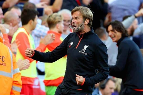 Jurgen Klopp manager of Liverpool celebrates the second goal and loses his glasses during the Premier League match at Anfield Stadium. (Pic Simon Bellis/Sportimage via PA Images)