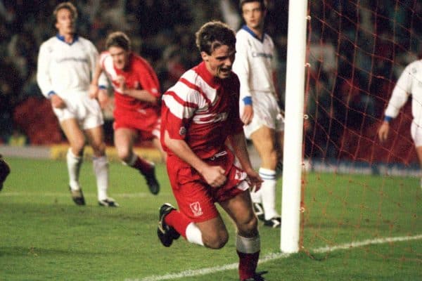 Liverpool's Mike Marsh scores the second goal